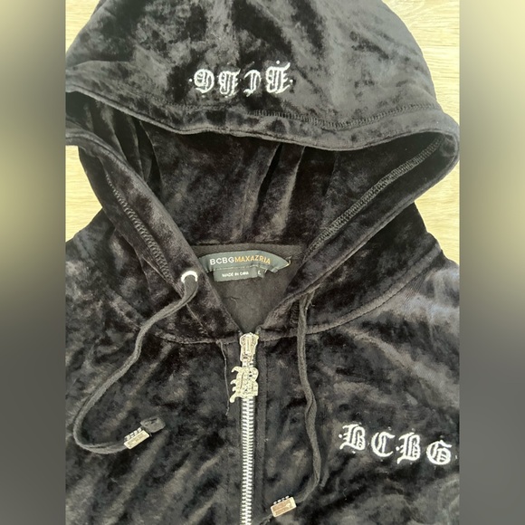 BCBG Velvet Zip-Up Hoodie Black Gothic Crown Y2K Size S - Picture 5 of 7